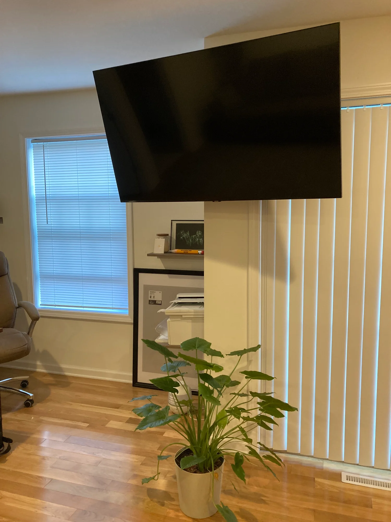 Television mounted at an angle beside a window, above a potted plant.